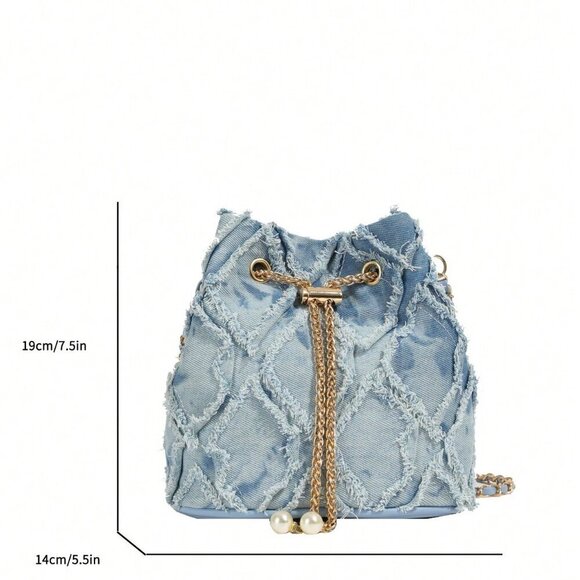 Blue Diamond Lattice Women's One-Shoulder Bucket Bag With Metal Drawstring - Picture 5 of 8